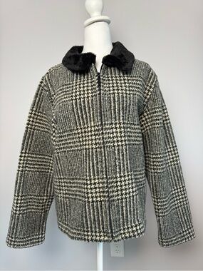 Vintage Talbots Plaid Check Jacket Faux Fur Collar Zip Up Women's XL